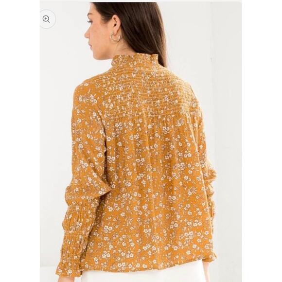 THML Mustard Smocked Floral Blouse Ruffle Sleeve Boho Chic Top Size Medium - Picture 10 of 10
